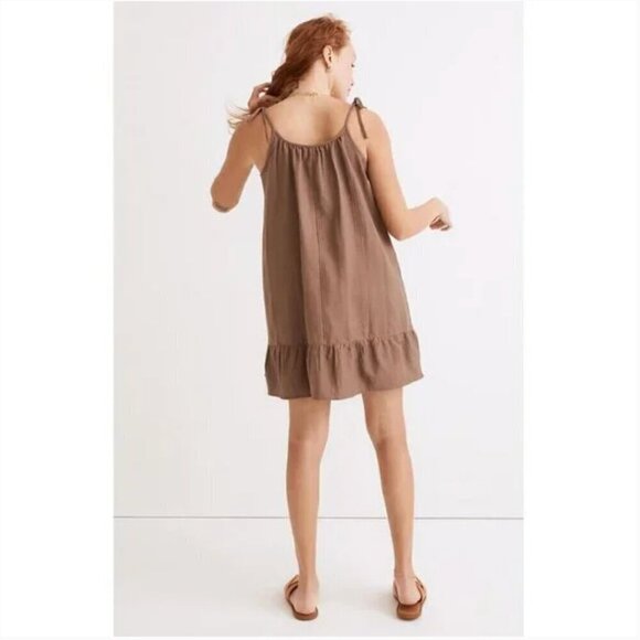 Madewell Tie Strap Ruffle Hem Mini Dress Brown Cotton Gauze Size Medium - Picture 2 of 7